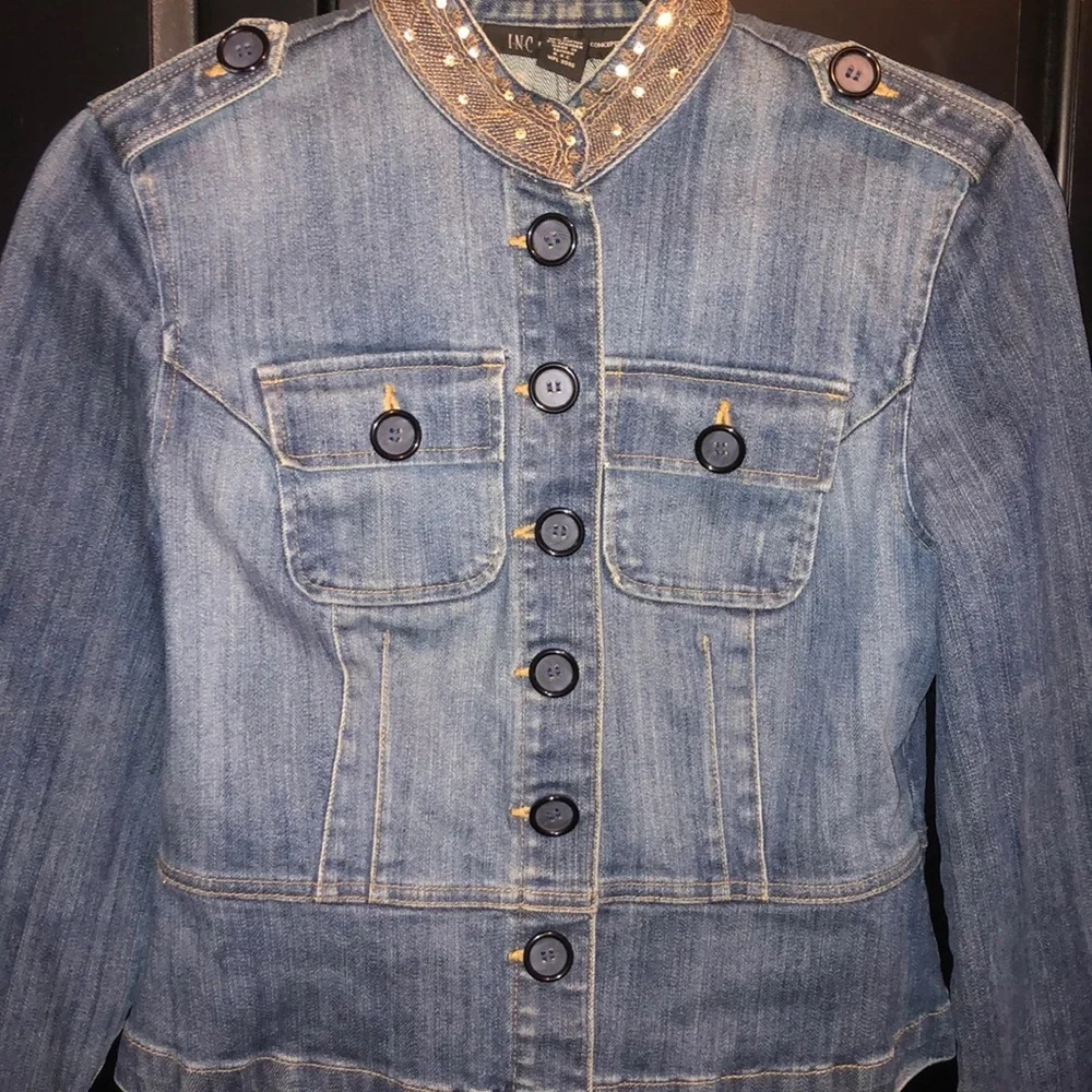 INC  Adorable Sequins Rhinestones & Metallic Cropped Denim Jacket-4P-#0051 - Picture 2 of 7
